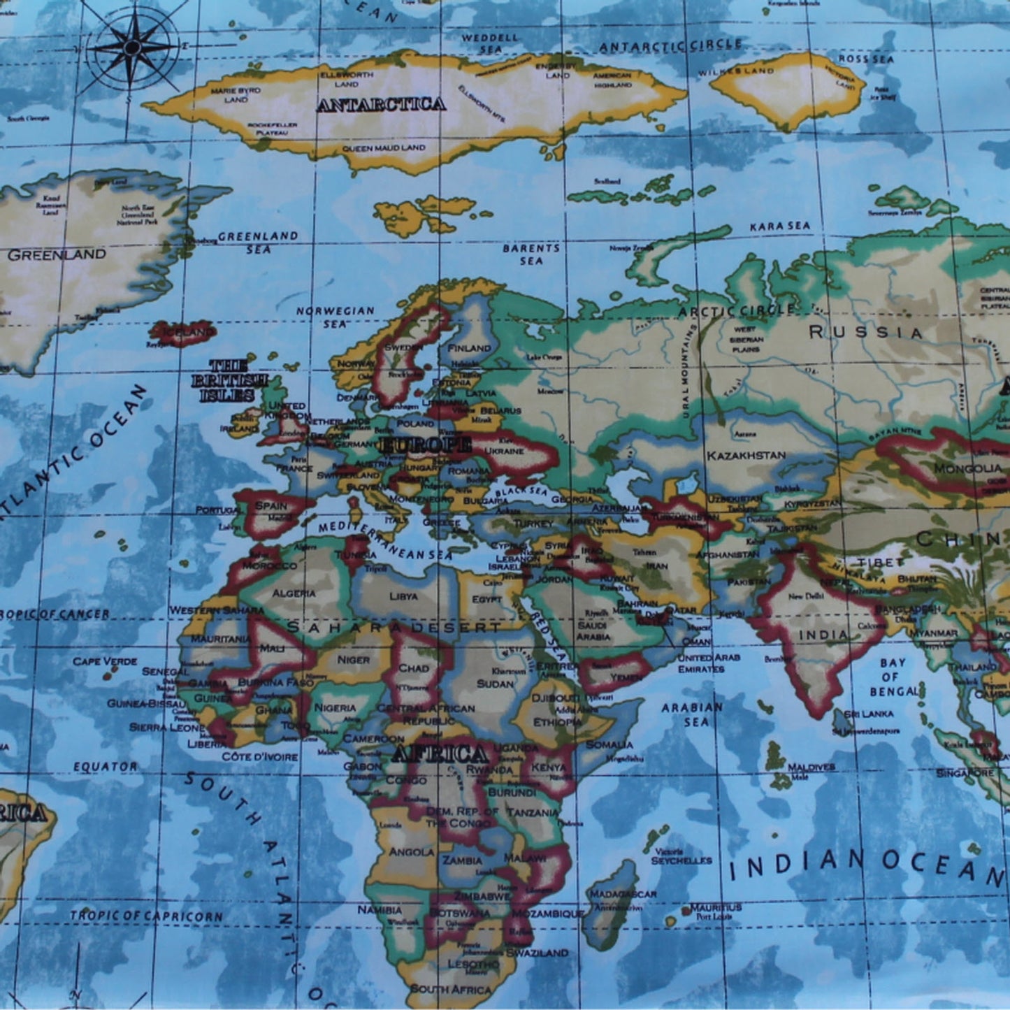 World Map (Matt) Oilcloth by the metre