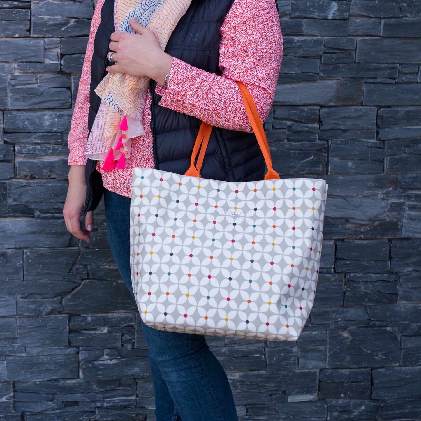 Modern Daisy Taupe Large Tote Bag with Orange Handles