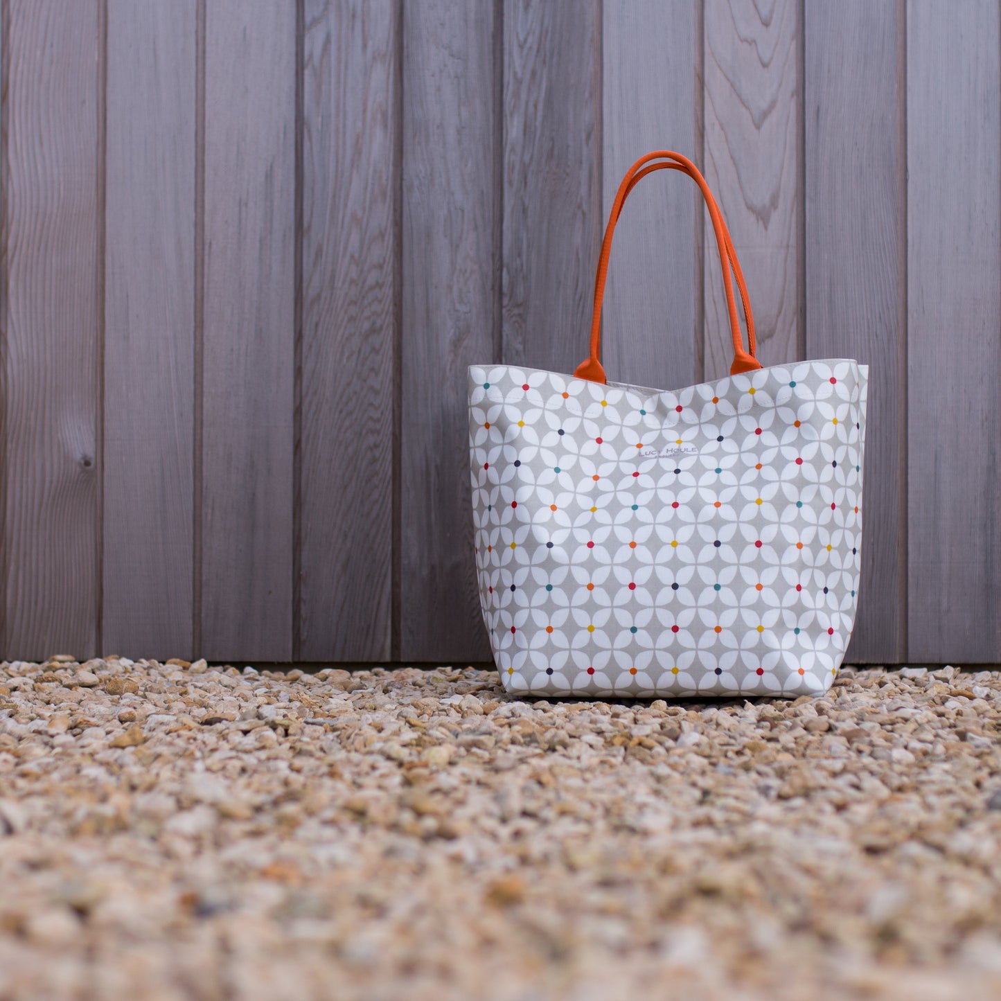 Modern Daisy Taupe Large Tote Bag with Orange Handles